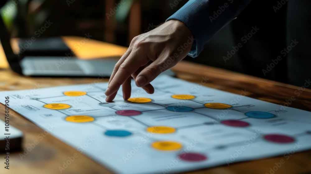 A hand points to a diagram on a wooden table. A hand points to a diagram on a wooden table.
