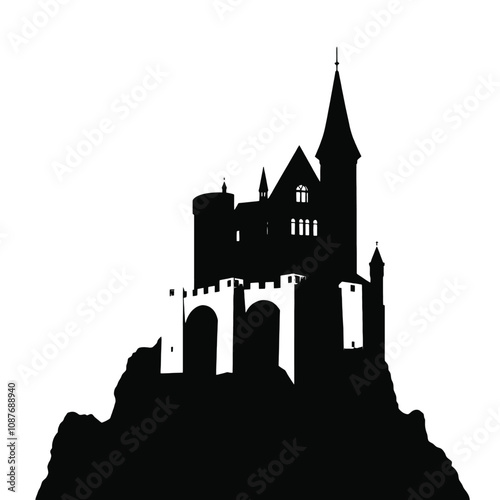a black and white silhouette of a castle on top of a mountain.