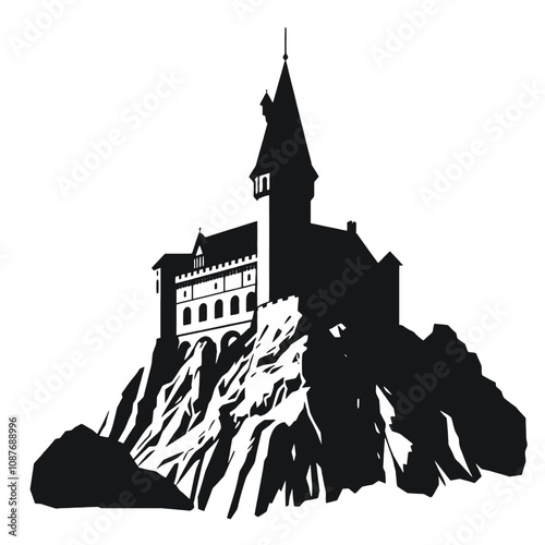 a black and white silhouette of a castle on top of a mountain.