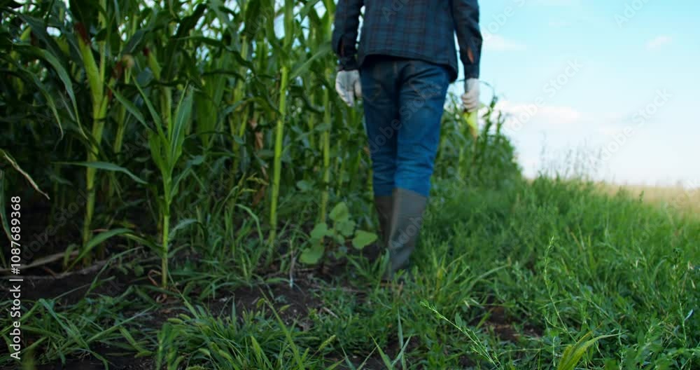 Farmer wearing in rubber boots walking through green corn maize plants rows in cultivated cornfield Farmer wearing in rubber boots walking through green corn maize plants rows in cultivated cornfield