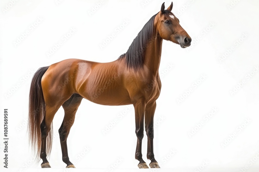 Mixed breed of Spanish and Arabian Full body horse, 8 years old, portrait standing against white background Mixed breed of Spanish and Arabian Full body horse, 8 years old, portrait standing against white background