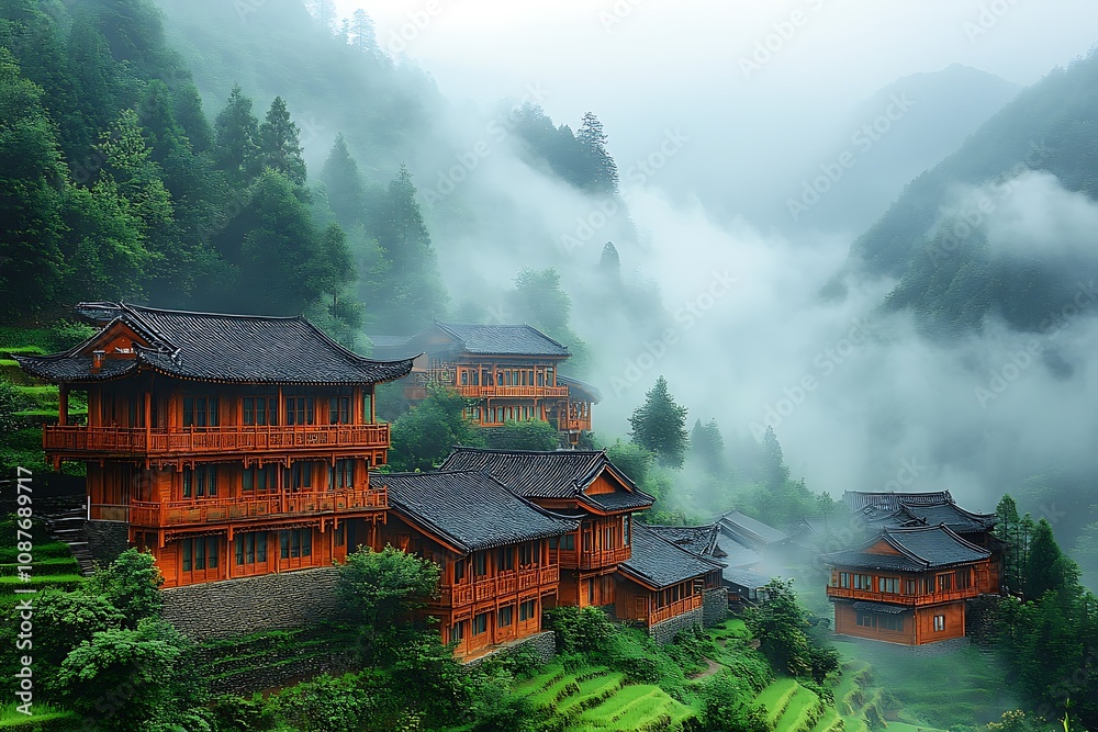 Obraz premium Langde Miao Nationality Village, Leishan County, near Kaili, Guizhou, China Asiatic village in the hills of China farming peasant farming, wooden houses, spring season, travel photo 