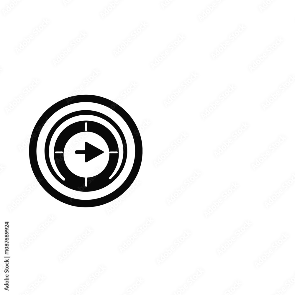 two circular icons, one in black and one in white. The black icon on the left is a circular target with an arrow in the center. two circular icons, one in black and one in white. The black icon on the left is a circular target with an arrow in the center.