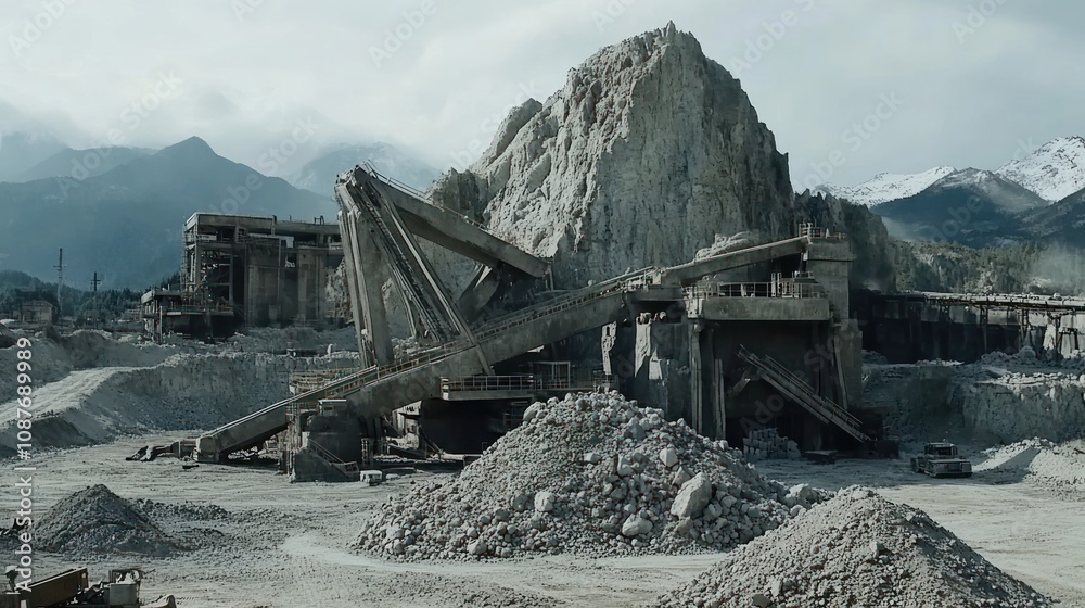 Mountainous Quarry Showing Industrial Machinery and Rock Piles Mountainous Quarry Showing Industrial Machinery and Rock Piles