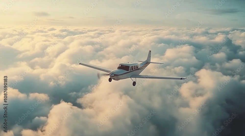 Obraz premium A small airplane flying through the clouds