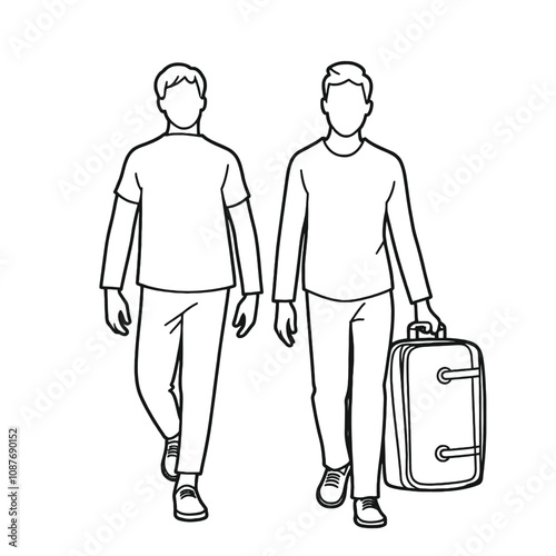 Two men silhouettes walking with a suitcase