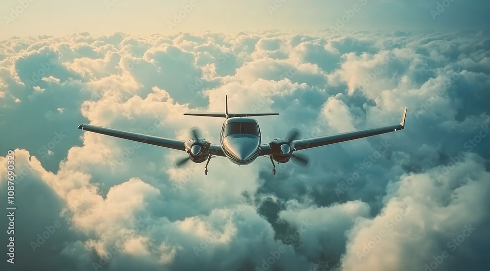 Fototapeta premium A small airplane flying through the clouds