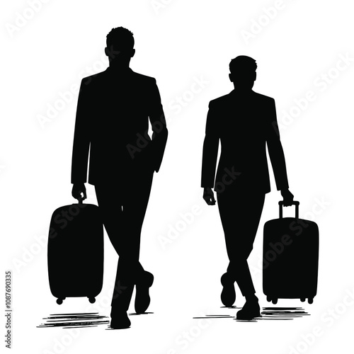 Two men silhouettes walking with a suitcase