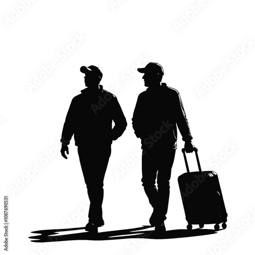 Two men silhouettes walking with a suitcase