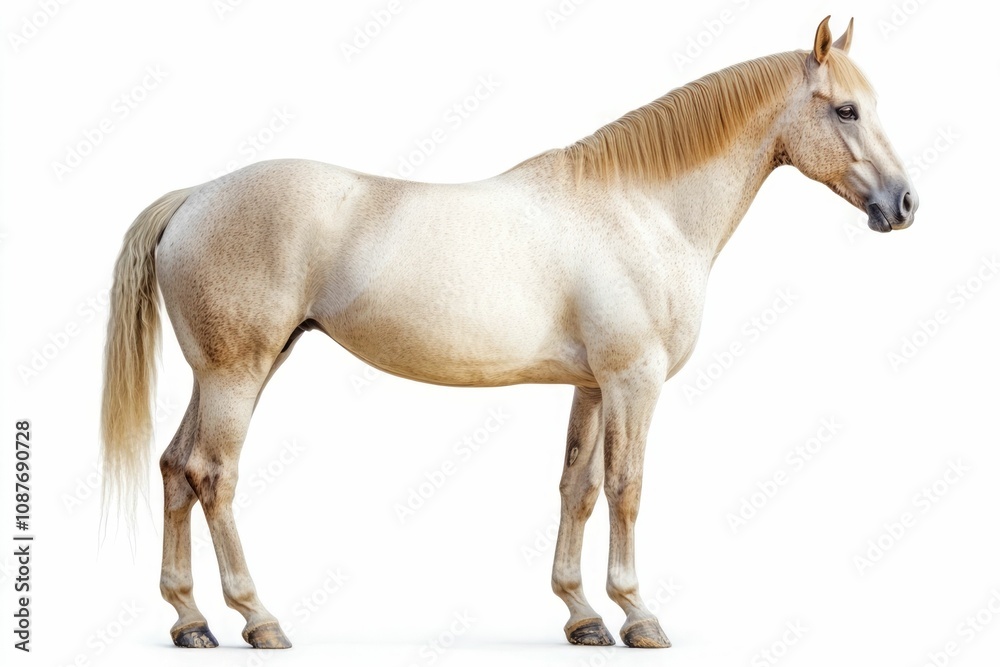 Obraz premium Mixed breed of Spanish and Arabian Full body horse, 8 years old, portrait standing against white background