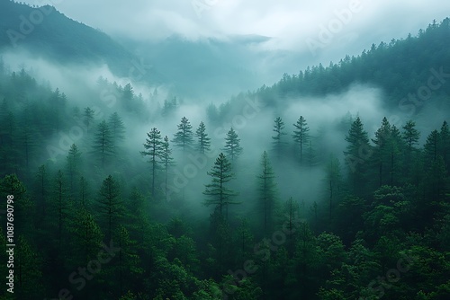 Foggy carpathian spruce forest after the summer rain. 