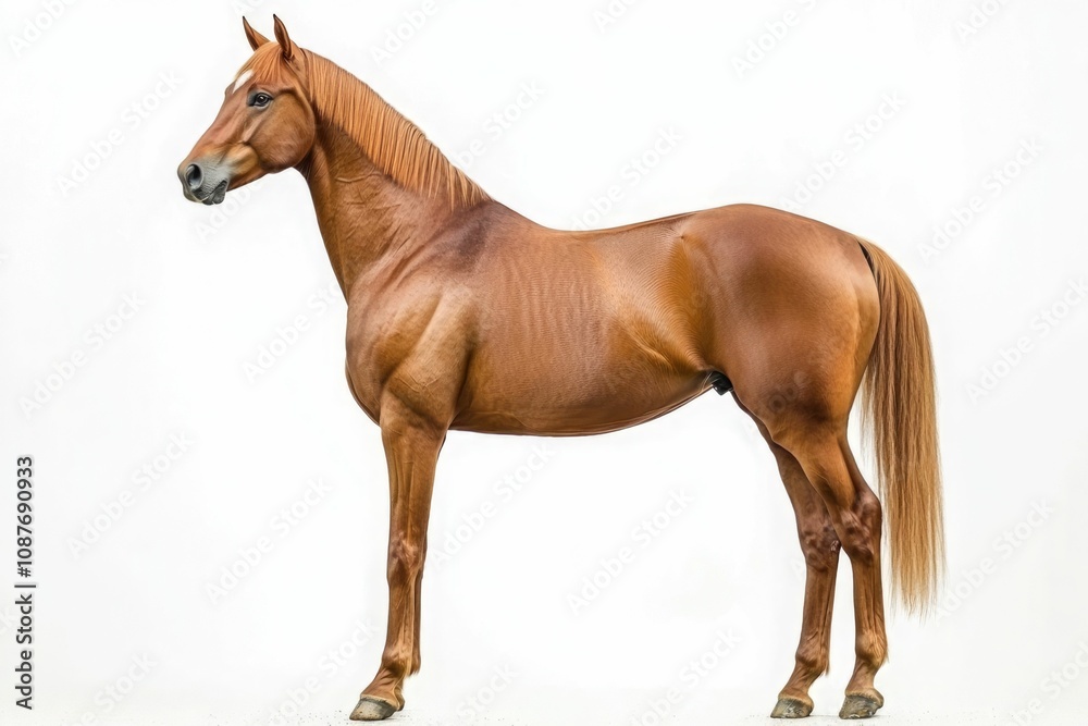 Obraz premium Mixed breed of Spanish and Arabian Full body horse, 8 years old, portrait standing against white background