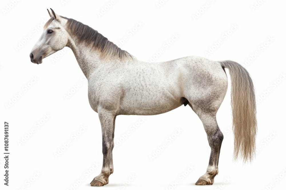Obraz premium Mixed breed of Spanish and Arabian Full body horse, 8 years old, portrait standing against white background