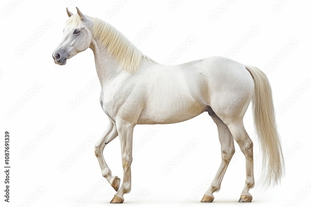 Mixed breed of Spanish and Arabian Full body horse, 8 years old, portrait standing against white background Mixed breed of Spanish and Arabian Full body horse, 8 years old, portrait standing against white background