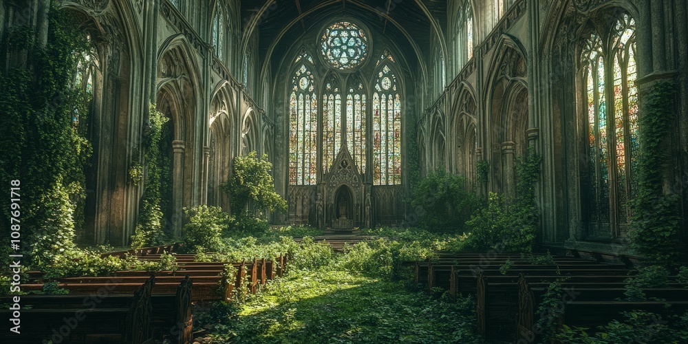Overgrown Gothic cathedral with lush greenery and ornate architectural details Overgrown Gothic cathedral with lush greenery and ornate architectural details
