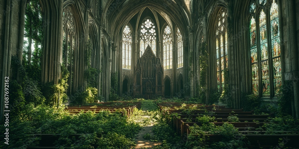 Obraz premium Overgrown Gothic cathedral with lush greenery and ornate architectural details
