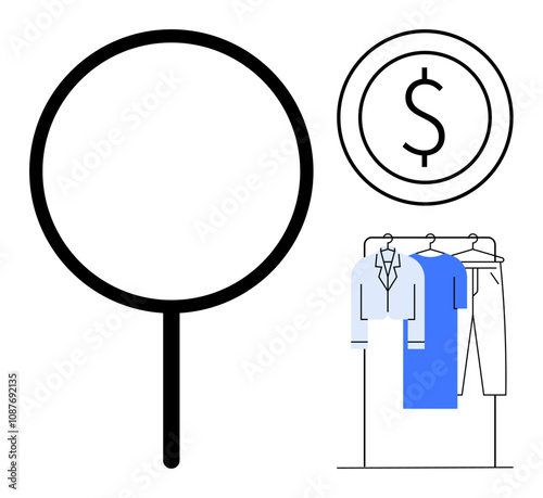 Magnifying glass with dollar coin and clothes on a rack. Ideal for online shopping, fashion industry, price comparison, retail business, financial analysis, consumer goods, e-commerce. Line metaphor