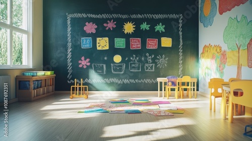 A cheerful chalkboard decorated with welcoming messages and colorful drawings, creating a warm classroom atmosphere.