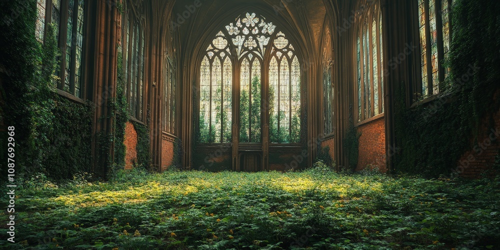 Fototapeta premium Overgrown Gothic cathedral with lush greenery and ornate architectural details