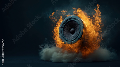 Dynamic speaker engulfed in vivid flames with surrounding smoke, symbolizing powerful sound and energy on a dark background. photo