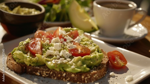 A fresh avocado toast with smashed avocado, cherry tomatoes photo