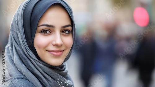 Woman in modern hijab smiles, showing soft makeup and delicate jewelry in a lively scene