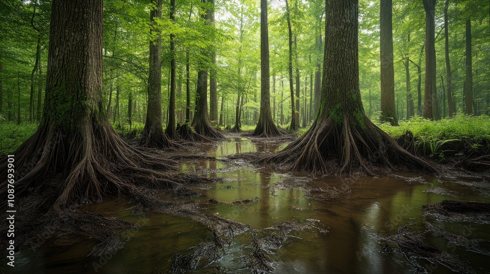 Obraz premium Lush forest with waterlogged roots and serene greenery.