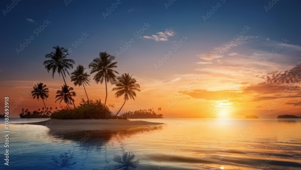Sunsets of Serene beach sun tropical ocean with palm trees Sunsets of Serene beach sun tropical ocean with palm trees