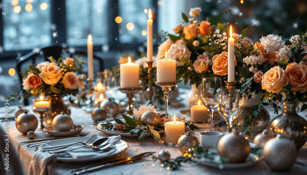 Lavish New Year’s brunch with florals, candles, and ornaments in a wintery setting.
Lavish New Year’s brunch with florals, candles, and ornaments in a wintery setting.