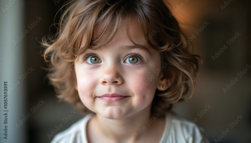 Cute little girl with curly hair smiling brightly in a cozy indoor setting, close up Cute little girl with curly hair smiling brightly in a cozy indoor setting, close up