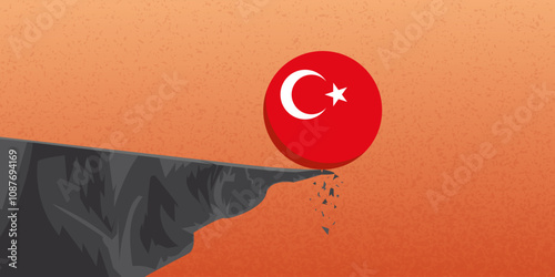 Turkish economic crisis concept. Turkey flag ball fall off cliff, official currency Lira Hyperinflation