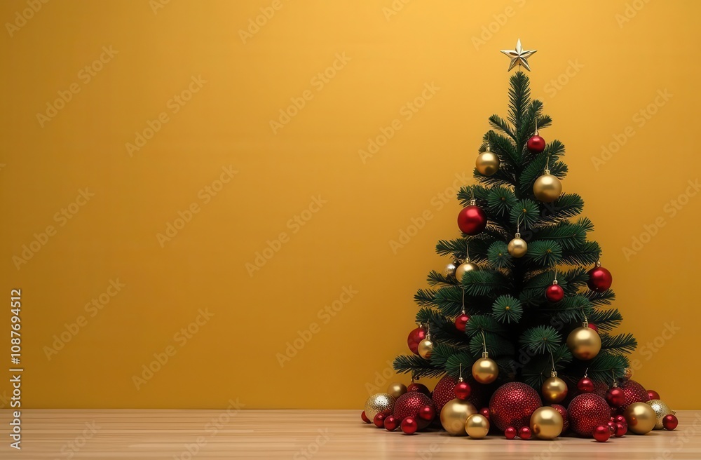 A festive green Christmas tree decorated with red and gold ornaments, surrounded by baubles on a wooden floor against a warm yellow background, offering space for text.
A festive green Christmas tree decorated with red and gold ornaments, surrounded by baubles on a wooden floor against a warm yellow background, offering space for text.