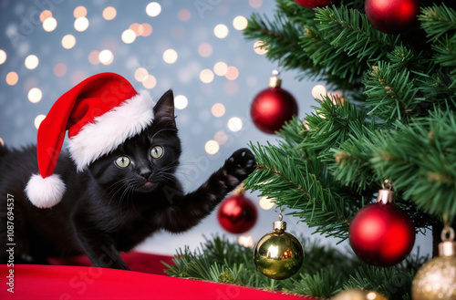 Black kitten playing with the christmas tree and gifts, funny black cat in red santa hat