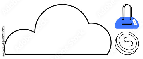 Cloud outline with blue handbag and coin with dollar sign. Ideal for e-commerce, online shopping, cloud services, financial management, digital savings, internet security, data storage. Line metaphor