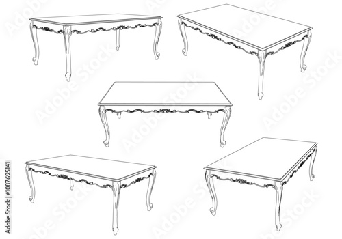 Hand-drawn collection of dining tables. Linear drawing. Isolated vector objects on white background. Collection of elegant antique furniture