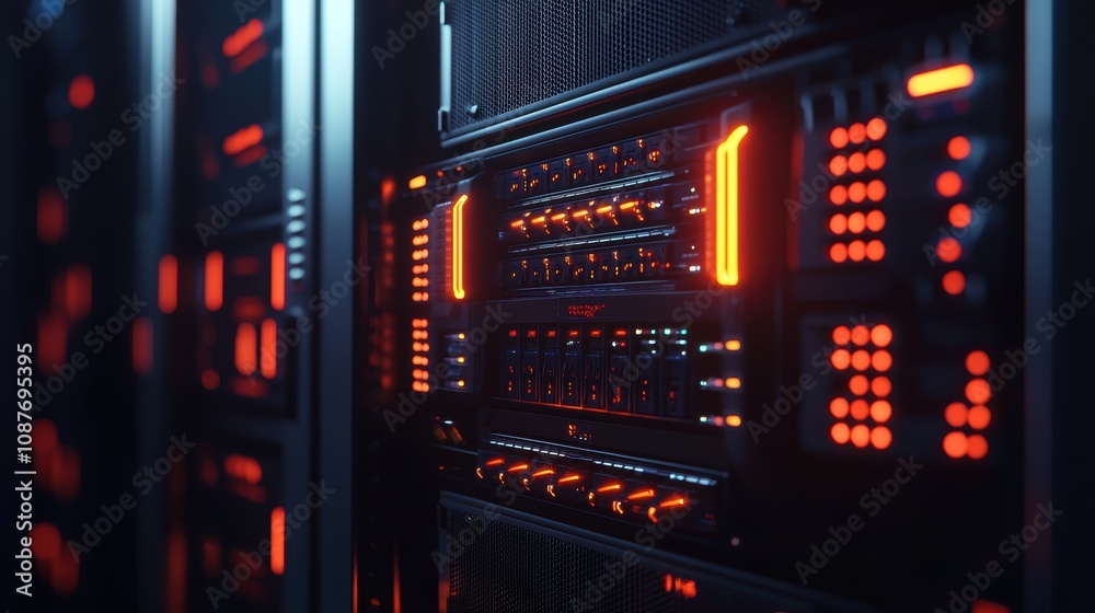 Close-Up of Illuminated Server Rack in Data Center Technology and Innovation Design Close-Up of Illuminated Server Rack in Data Center Technology and Innovation Design