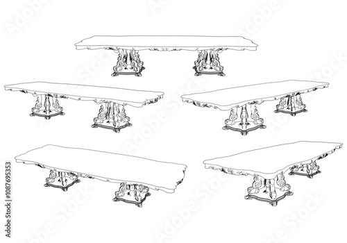 Hand-drawn collection of dining tables. Linear drawing. Isolated vector objects on white background. Collection of elegant antique furniture