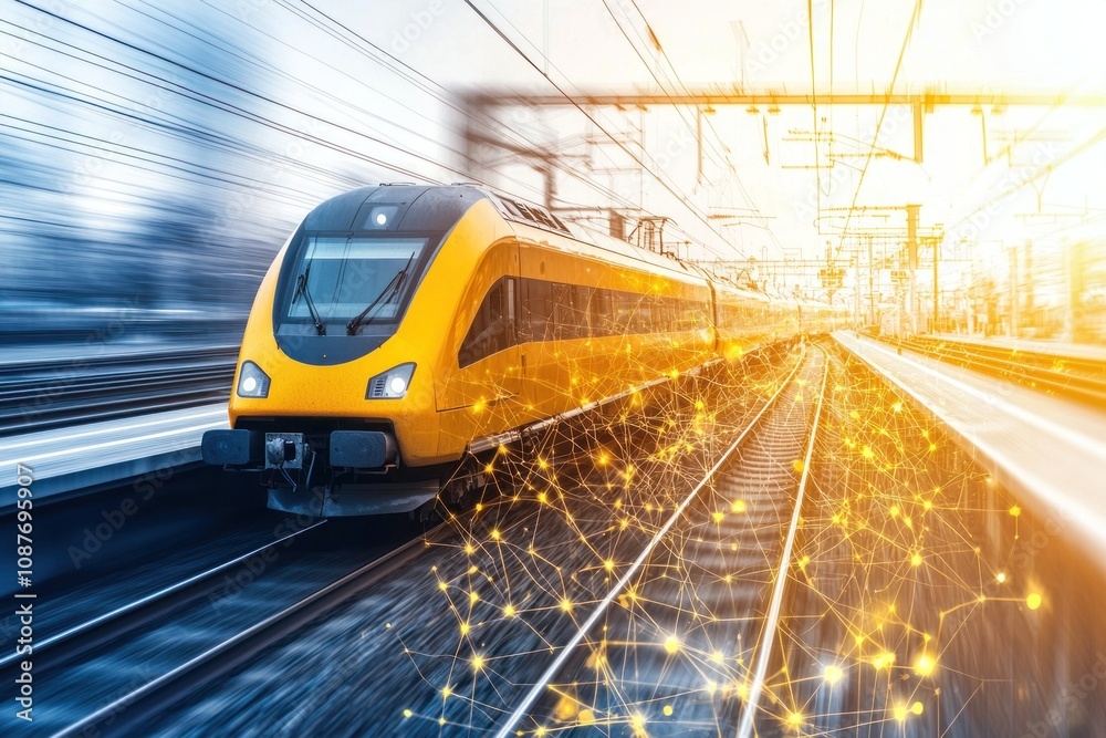 Naklejka premium A train is moving on the tracks with a yellow and orange color