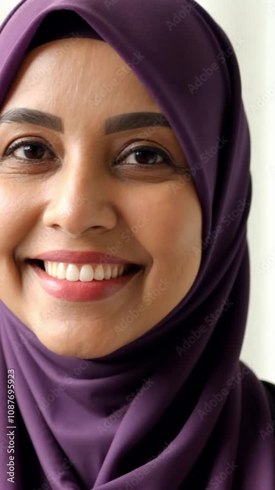 Smiling woman in a hijab engages with the camera in a bright indoor space Smiling woman in a hijab engages with the camera in a bright indoor space