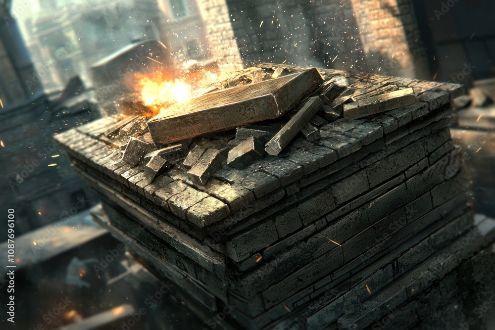 A pile of bricks with a fire on top of it A pile of bricks with a fire on top of it