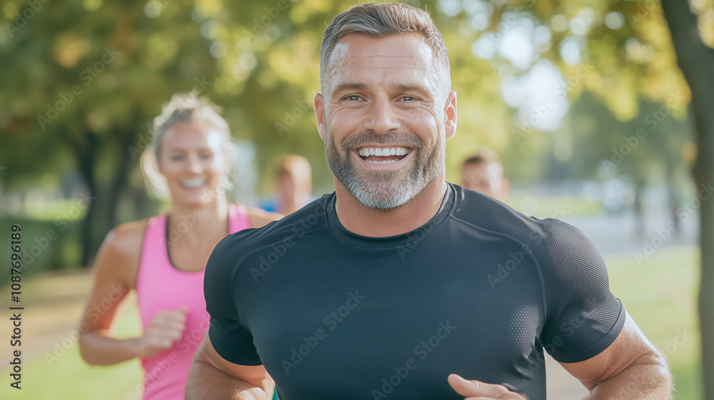 Healthy Individuals Jogging in a Park During Daytime, Showcasing Fitness and Joy, With a Smiling Man Leading the Group Wearing a Black Shirt and Others in Bright Sports Attire Healthy Individuals Jogging in a Park During Daytime, Showcasing Fitness and Joy, With a Smiling Man Leading the Group Wearing a Black Shirt and Others in Bright Sports Attire