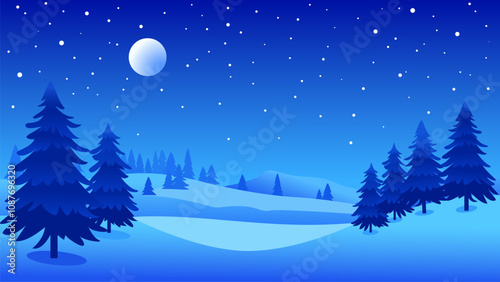 Beautiful winter night landscape. Night landscape of forest and mountains with an amazing starry sky and a bright moon. Christmas Eve.