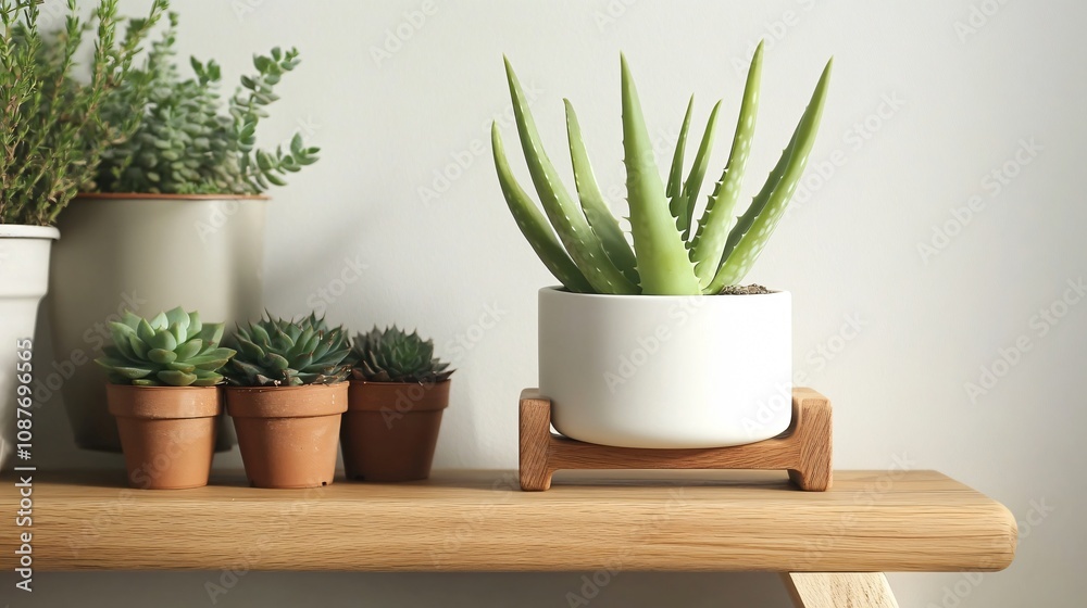 Aloe vera plant in a minimalistic white pot on a wooden shelf with small potted succulents Aloe vera plant in a minimalistic white pot on a wooden shelf with small potted succulents