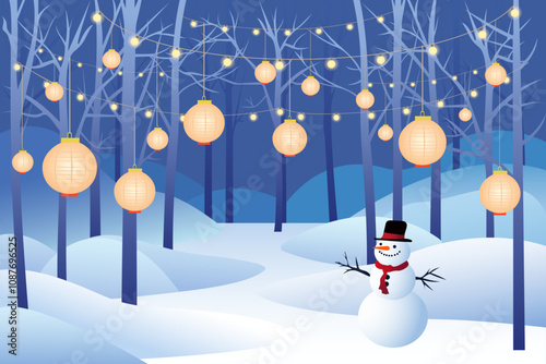 Snowman in the Christmas forest with festive lanterns and garlands. Snowman in a night park with paper lanterns among trees and snowdrifts. Christmas night.
