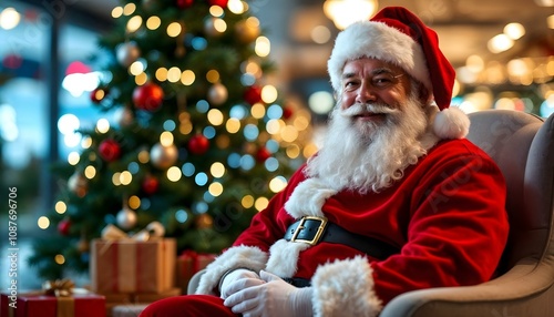 Santa sitting in soft chair on photozone in the mall with Christmas tree on backgrounds also a lot of blurred lights and gifts around photo