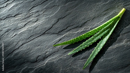 Aloe vera plant isolated on a dark slate background with shadows creating depth