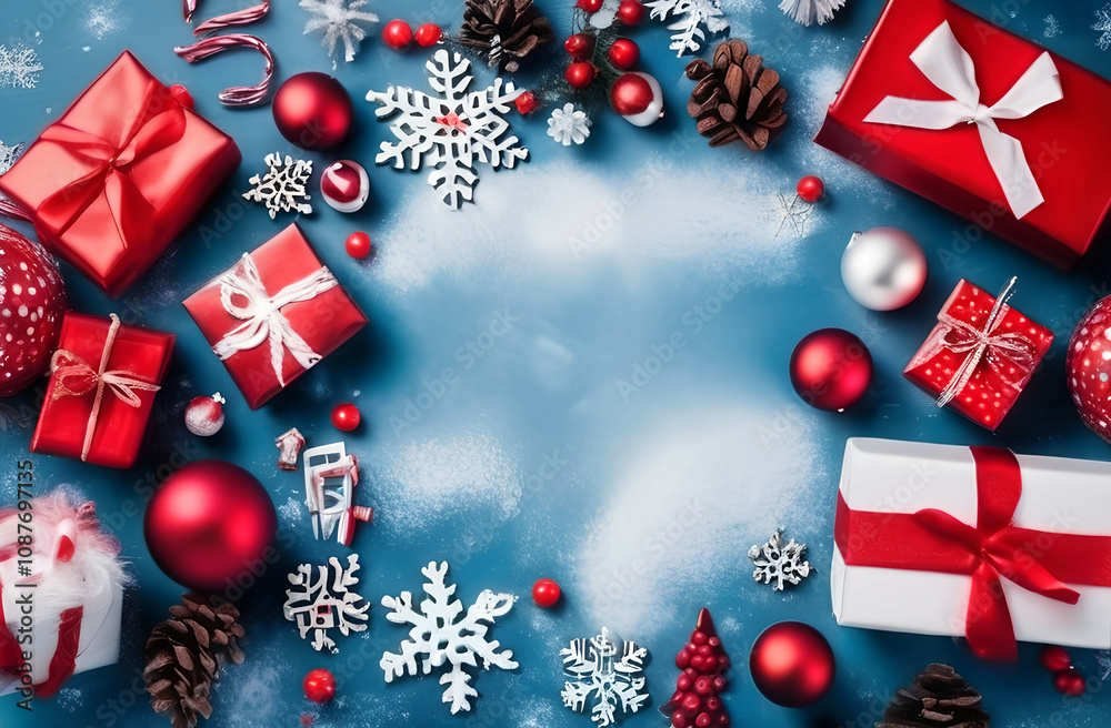 Merry Christmas and Happy Holidays greeting card, frame, banner. New Year. Noel. Red and white Christmas red ornaments and gifts on blue background top view. Winter xmas holiday theme. Merry Christmas and Happy Holidays greeting card, frame, banner. New Year. Noel. Red and white Christmas red ornaments and gifts on blue background top view. Winter xmas holiday theme.