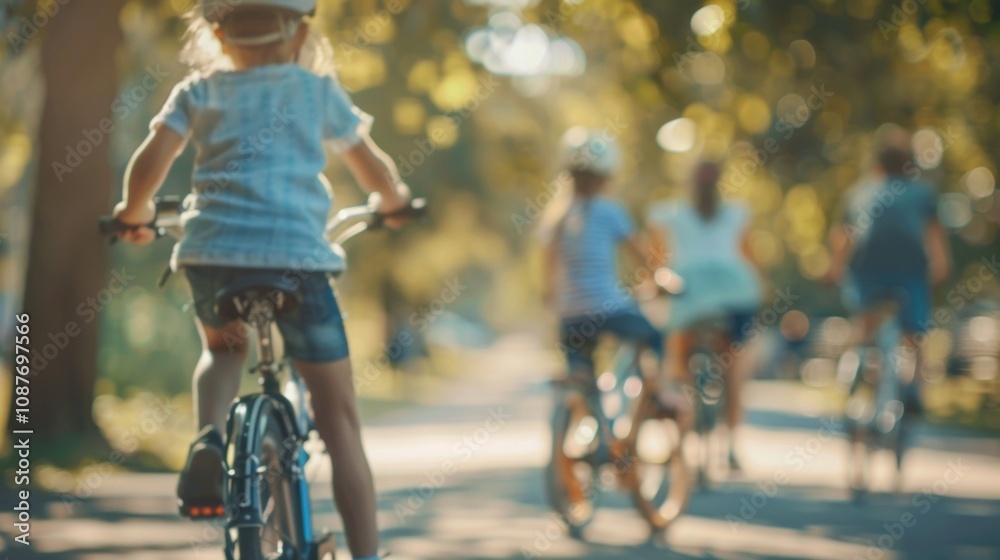 Fototapeta premium Unfocused families enjoying a leisurely bike ride around the parks perimeter.