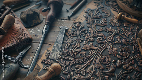 Decorative Leatherwork Embossing Tools Displayed: An array of embossing tools ready for use in leather crafting, illustrating the techniques of decorative leather artistry. photo