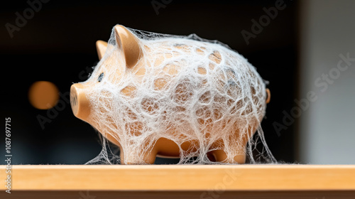 Piggy bank covered in cobwebs on a wooden surface, symbolizing neglect or saving inactivity photo